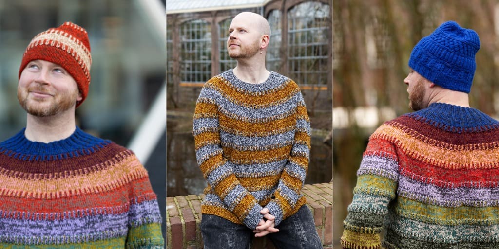 Пуловер с круглой кокеткой Brioche Break Мужской полосатый пуловер спицами