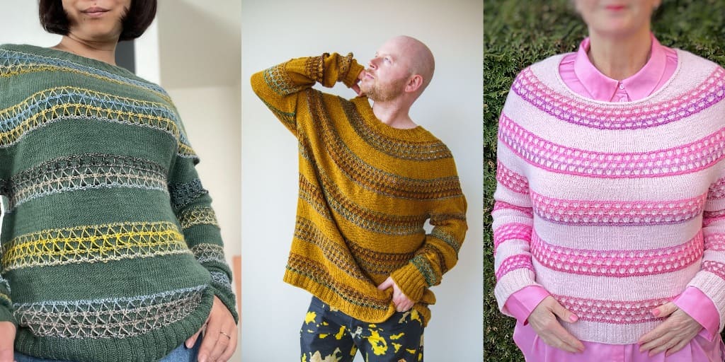 Пуловер узором из снятых петель Slippy V Sweater Вязаный спицами пуловер с использованием остатков пряжи