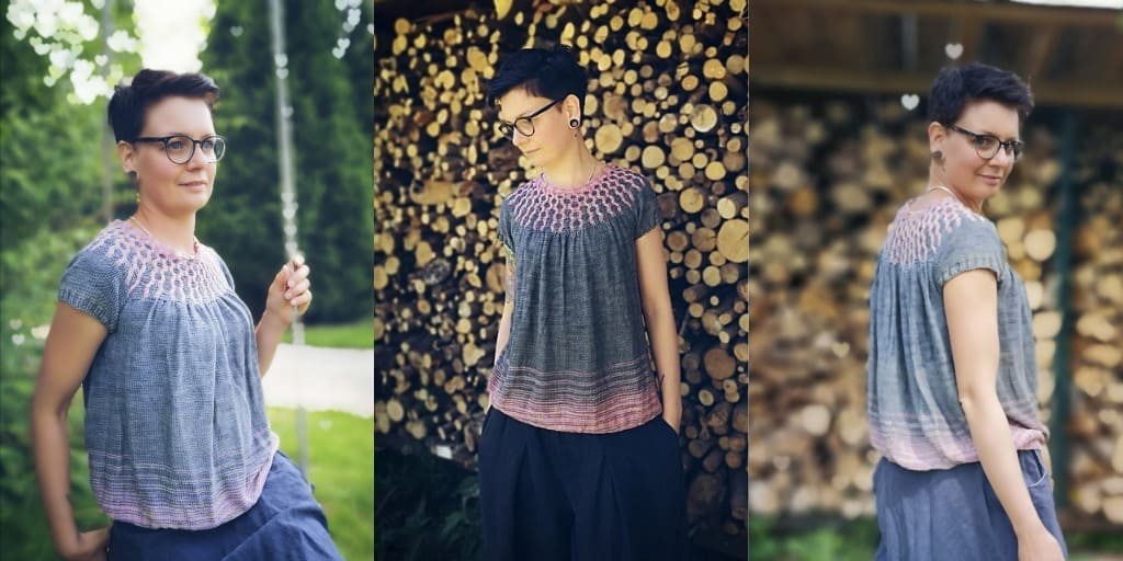 Свободный топ с интересным узором из кос и снятых петель спицами Bettys Top Вязаный спицами двухцветный свободный топ