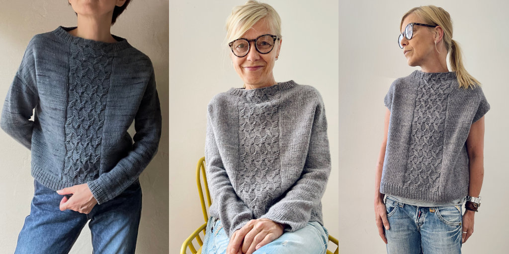 Джемпер сверху вниз с косами посередине спинки и переда Venia Джемпер сверху спицами без швов