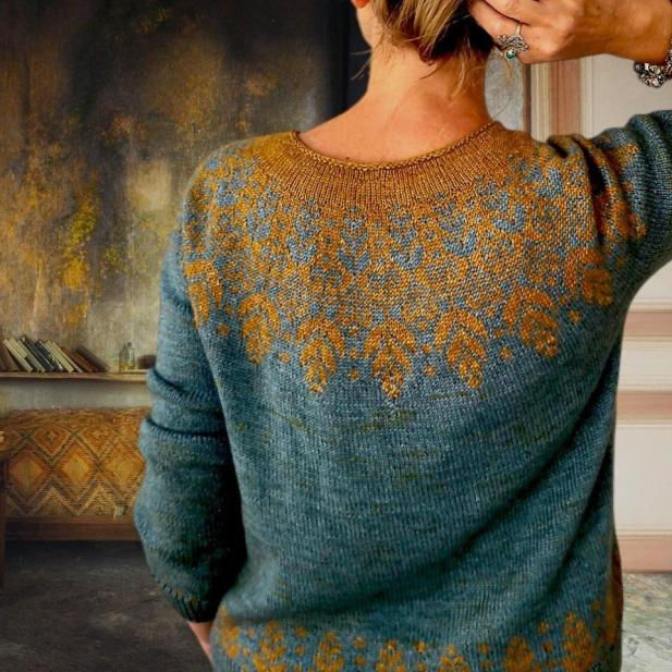 Красивый пуловер с жаккардом Mabon Красивый жаккардовый пуловер вязаный спицами с жаккардом