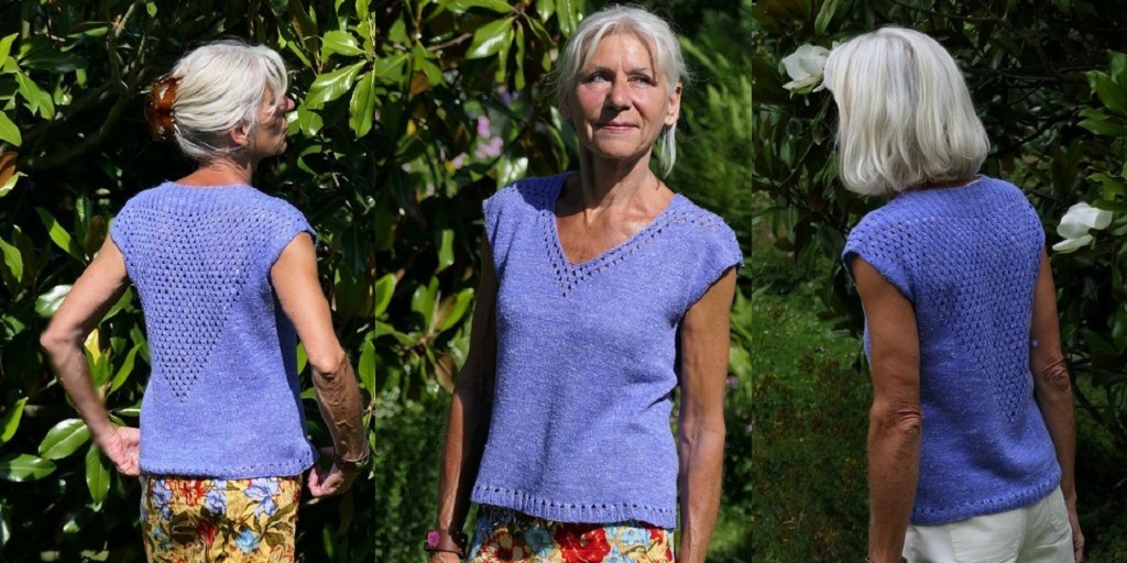 Летний топ с ажурным узором на спине Silhuetta Летний топ спицами с ажурным узором на спине вязаный сверху вниз