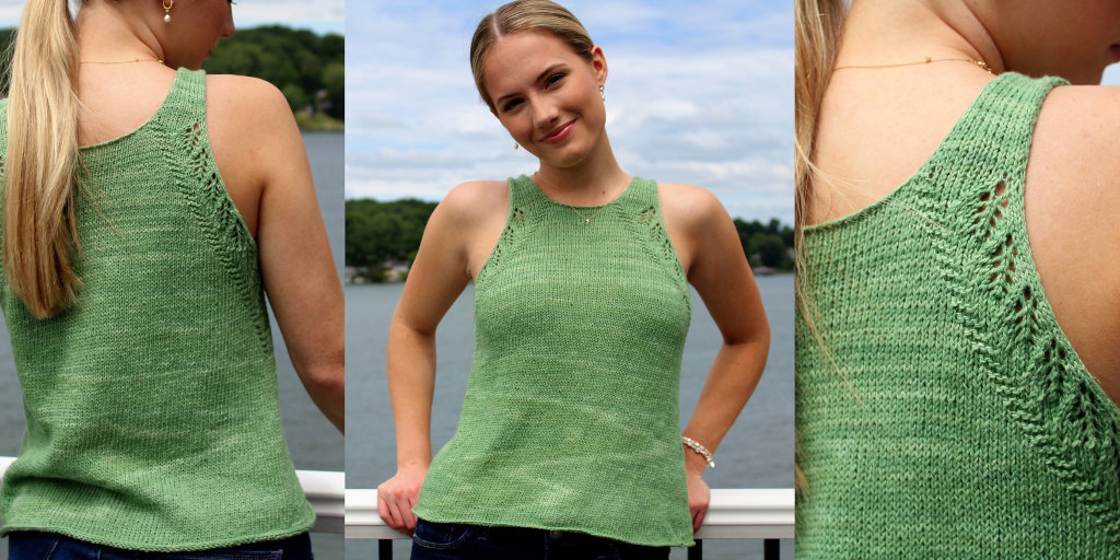 Летняя майка с ажурными листьями спицами сверху Kudzu Майка спицами схема и описание