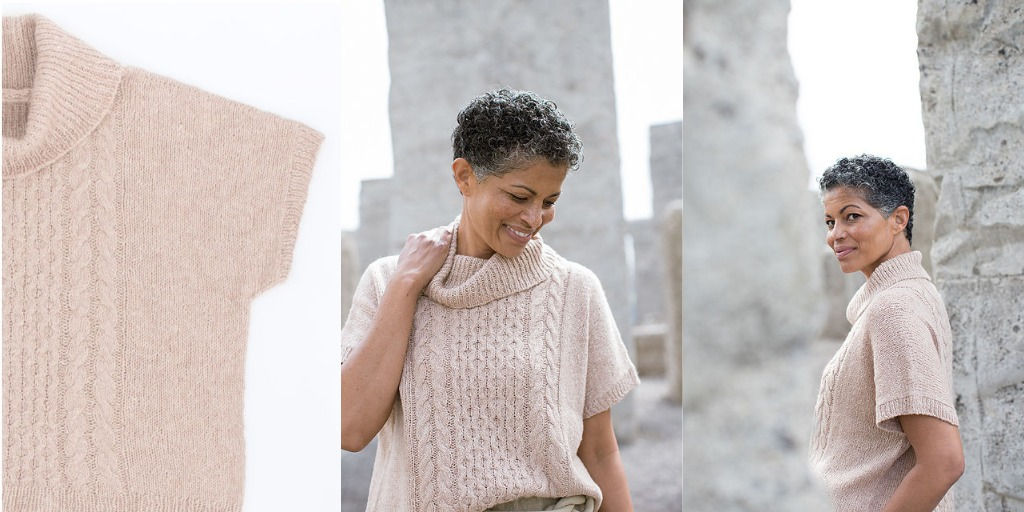 Пуловер кимоно с панелью кос и воротником-хомут Ledig Пуловер с панелью кос и воротником-хомут спицами