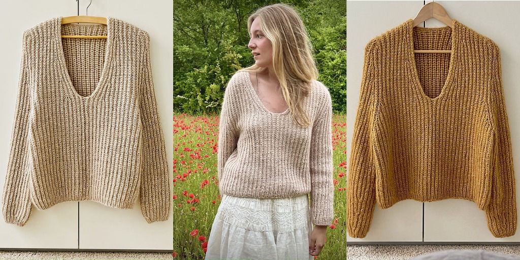 Модный пуловер оверсайз с глубоким V-вырезом On the Terrace Модный пуловер оверсайз спицами