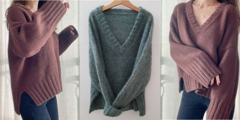 Оверсайз с глубоким V-вырезом горловины Sweater No14V-neck Джемпер оверсайз с глубоким V-вырезом горловины вязаный спицами сверху