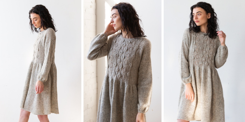 Платье с листьями спицами по кругу Sweetfern Платье с широким низом, связанное спицами одной деталью