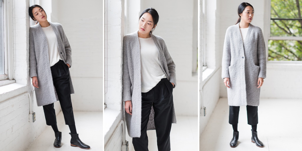 Пальто из букле с глубоким вырезом горловины Adelig Пальто, связанное спицами сверху вниз без швов