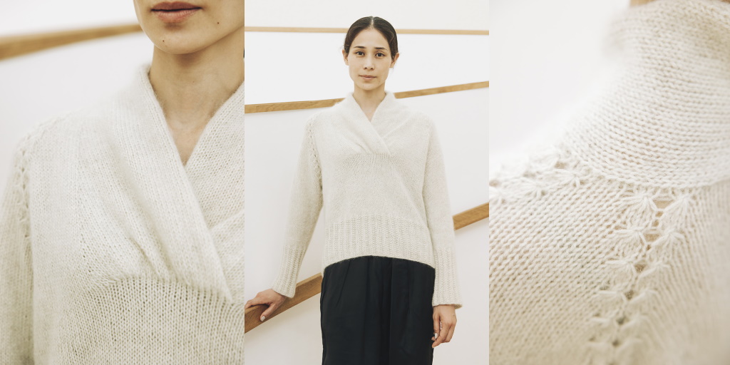 Пуловер с воротником шалькой спицами одной деталью Hidahida Пуловер с воротником шалькой вязаный спицами одной деталью