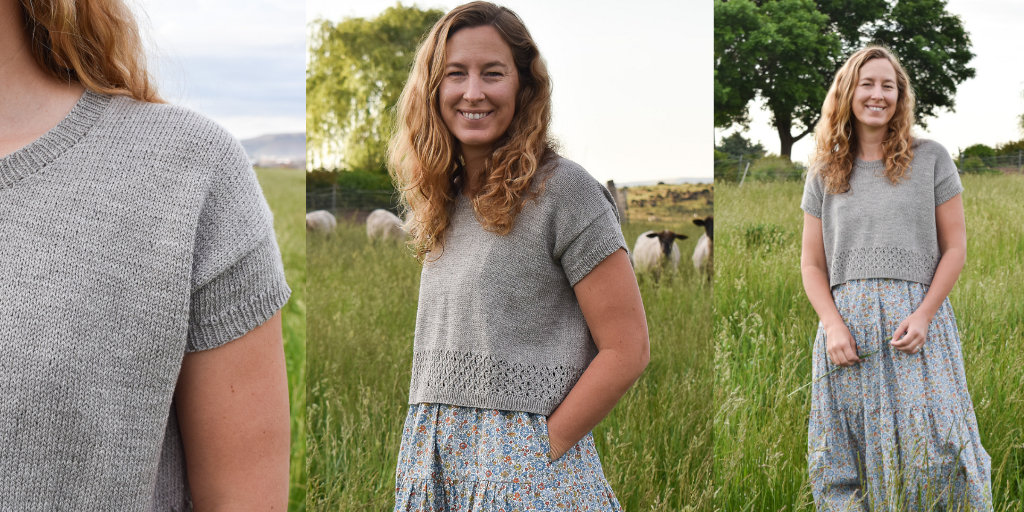 Вязаный спицами сверху топ с ажуром в нижней части Violet Вязаный топ спицами схема и описание