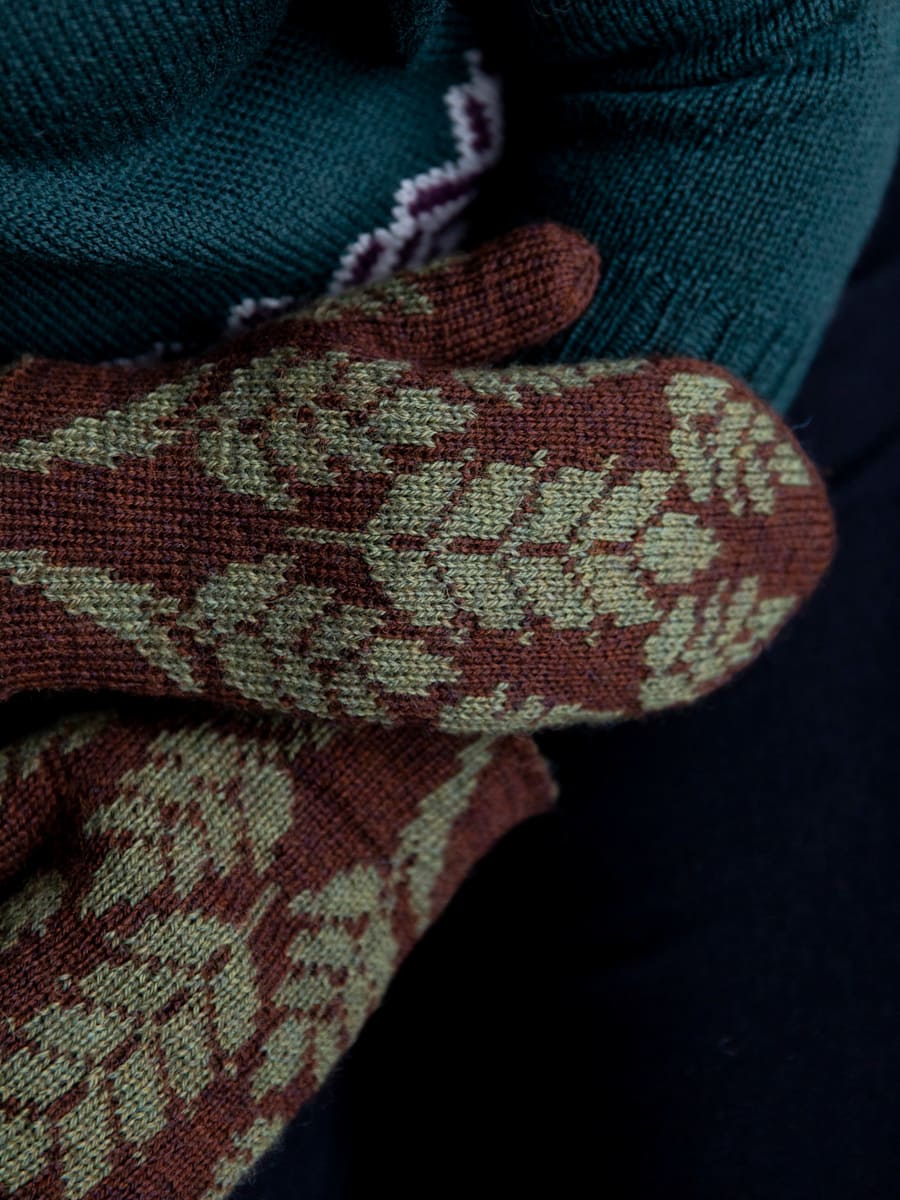 Двухсторонние жаккардовые варежки спицами