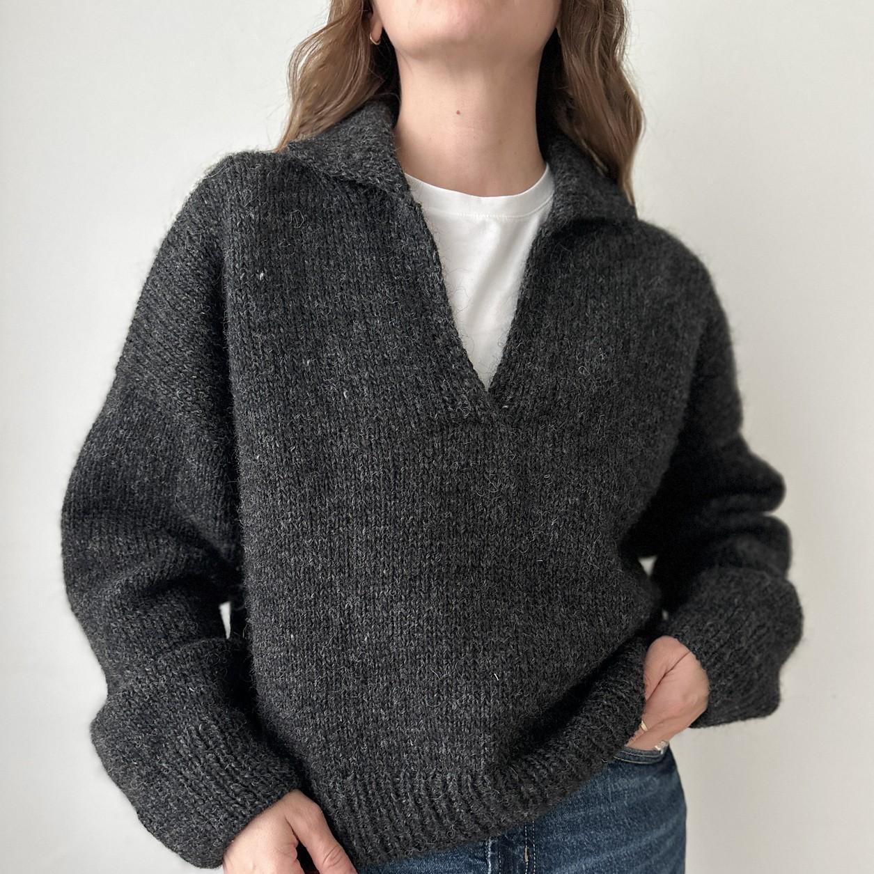 Свитер-поло с японским плечом Moon Set Polo, вязаный спицами сверху Свитер-поло спицами