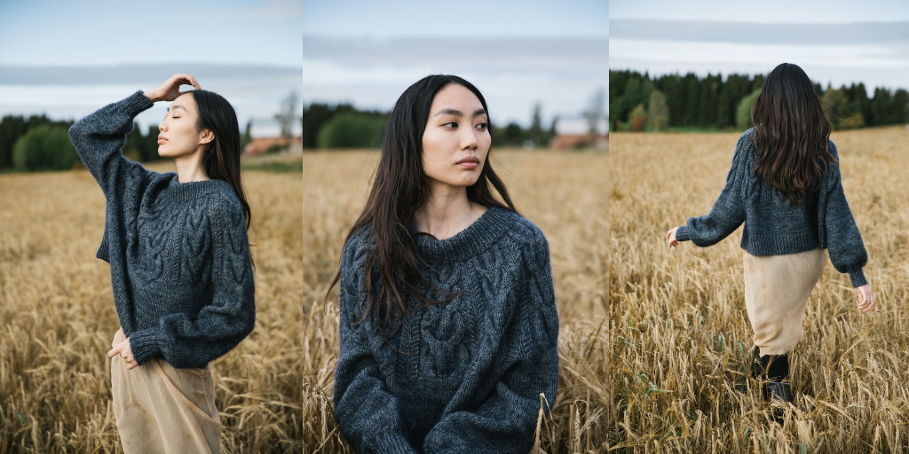 Пуловер с круглой кокеткой большими косами