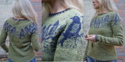 женский пуловер с птицами спицами