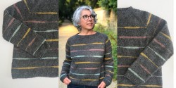Вязаный полосатый пуловер спицами без швов