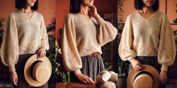 Вязаный женский пуловер с пышными руками и V-вырезом горловины