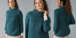 Пуловер с круглой кокеткой и воротником стойкой, связанный спицами