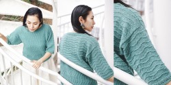 Пуловер, связанный спицами волнистым узором в разных направлениях